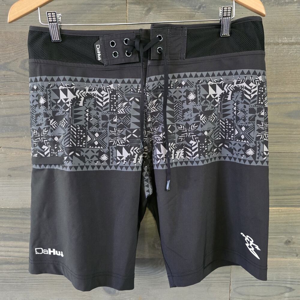 DaHui Board Shorts Mens 33 Black Geometric Surf Swim Trunks Stretch Quick Dry
